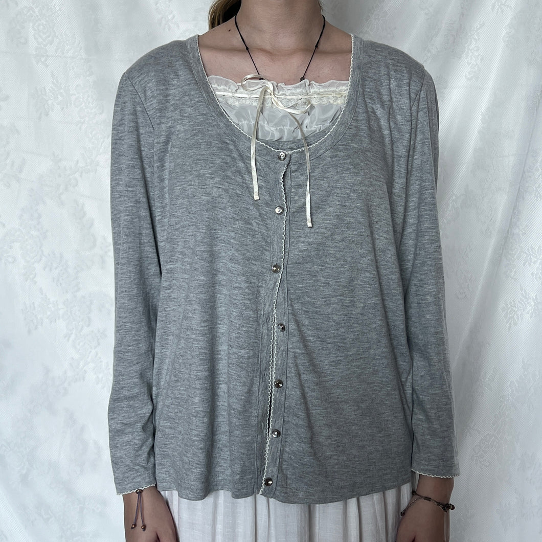 Light Grey Milkmaid Fake Cardigan Lace Ruffles Chest Long Sleeve Top