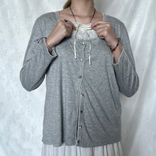 Load image into Gallery viewer, Light Grey Milkmaid Fake Cardigan Lace Ruffles Chest Long Sleeve Top
