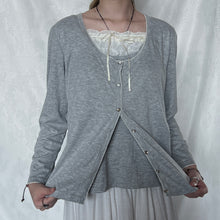 Load image into Gallery viewer, Light Grey Milkmaid Fake Cardigan Lace Ruffles Chest Long Sleeve Top
