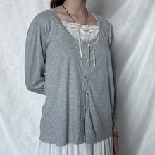 Load image into Gallery viewer, Light Grey Milkmaid Fake Cardigan Lace Ruffles Chest Long Sleeve Top
