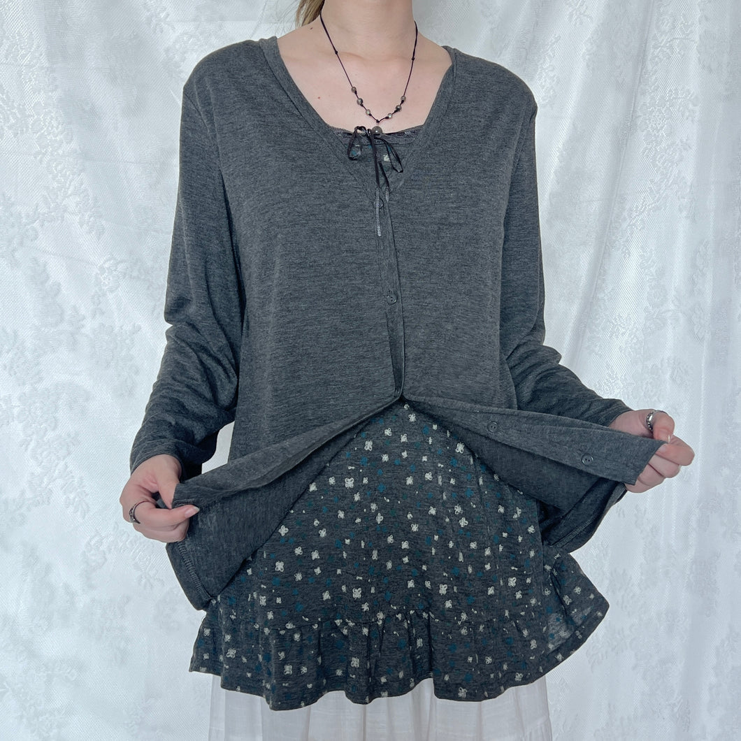 Grey Butterfly Fake Cotton Cardigan Long Sleeve Top