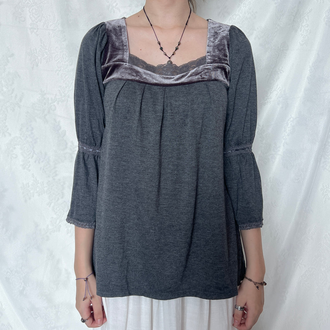 Grey Lace Velvet Neck Milkmaid Long Sleeve Top