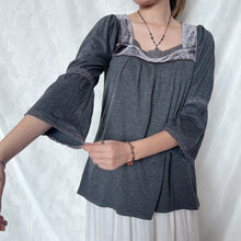 Load image into Gallery viewer, Grey Lace Velvet Neck Milkmaid Long Sleeve Top
