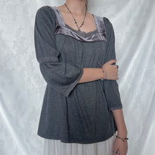 Load image into Gallery viewer, Grey Lace Velvet Neck Milkmaid Long Sleeve Top
