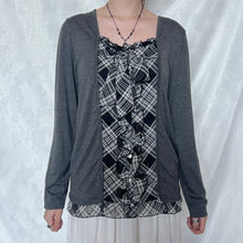 Load image into Gallery viewer, Black White Plaid Ruffles Grey Fake Cardigan Long Sleeve Top
