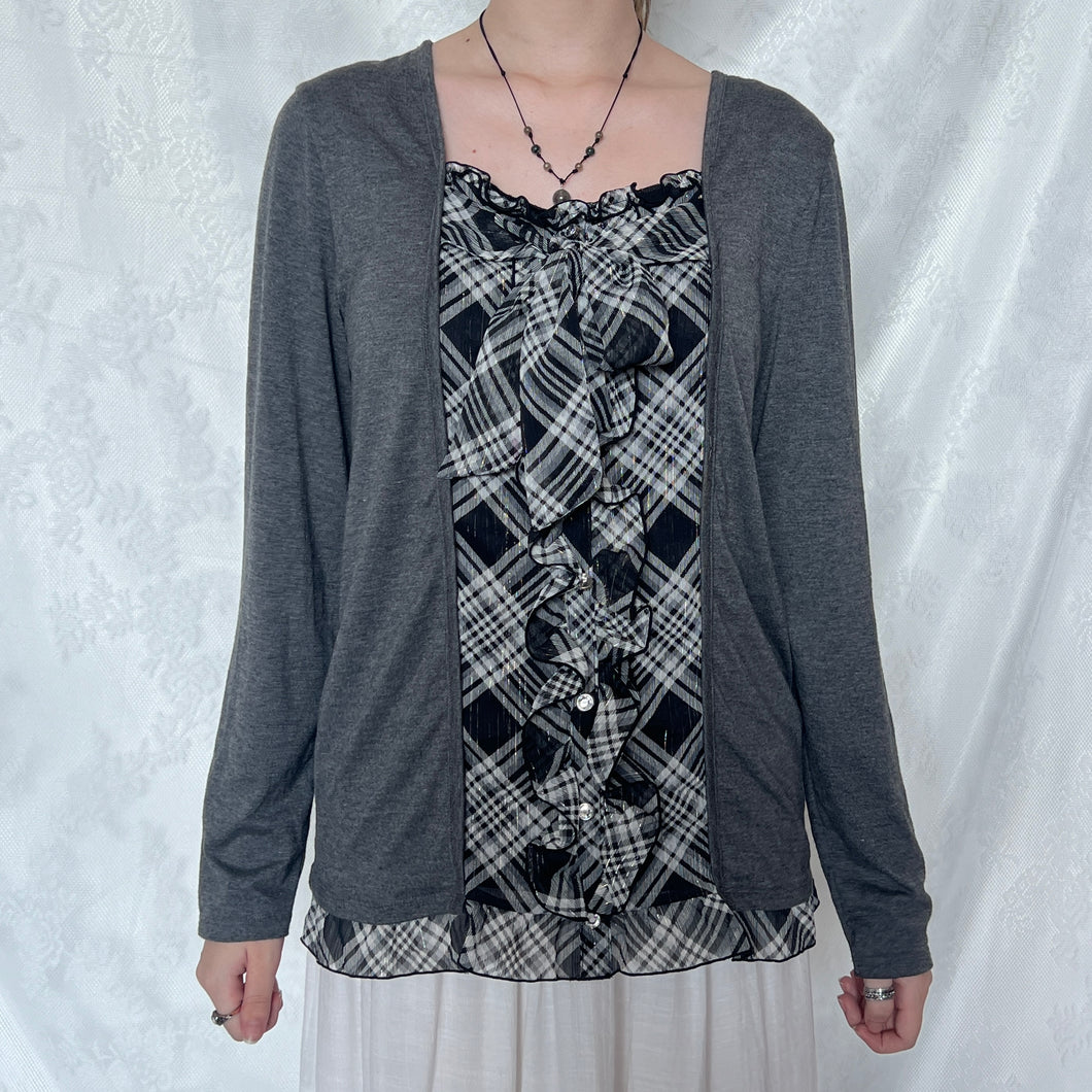 Black White Plaid Ruffles Grey Fake Cardigan Long Sleeve Top