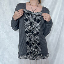 Load image into Gallery viewer, Black White Plaid Ruffles Grey Fake Cardigan Long Sleeve Top
