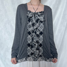 Load image into Gallery viewer, Black White Plaid Ruffles Grey Fake Cardigan Long Sleeve Top
