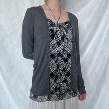 Load image into Gallery viewer, Black White Plaid Ruffles Grey Fake Cardigan Long Sleeve Top
