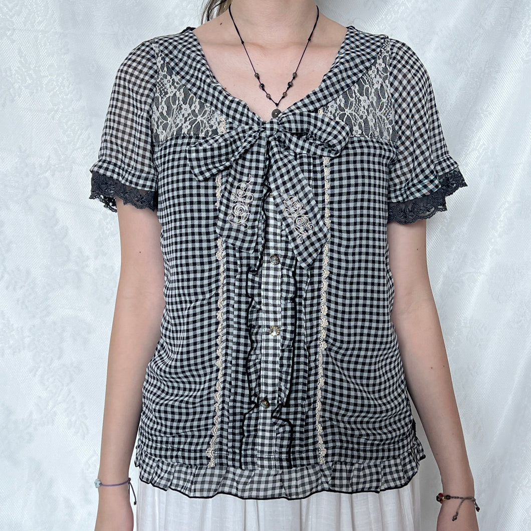 Axes Femme Black White Checkered Gingham Lace Alice Top