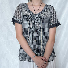 Load image into Gallery viewer, Axes Femme Black White Checkered Gingham Lace Alice Top
