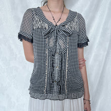 Load image into Gallery viewer, Axes Femme Black White Checkered Gingham Lace Alice Top
