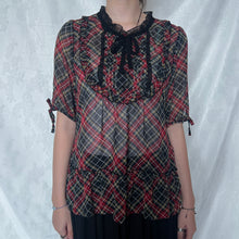 Load image into Gallery viewer, Black Red Plaid Mesh Alice Ruffles Top
