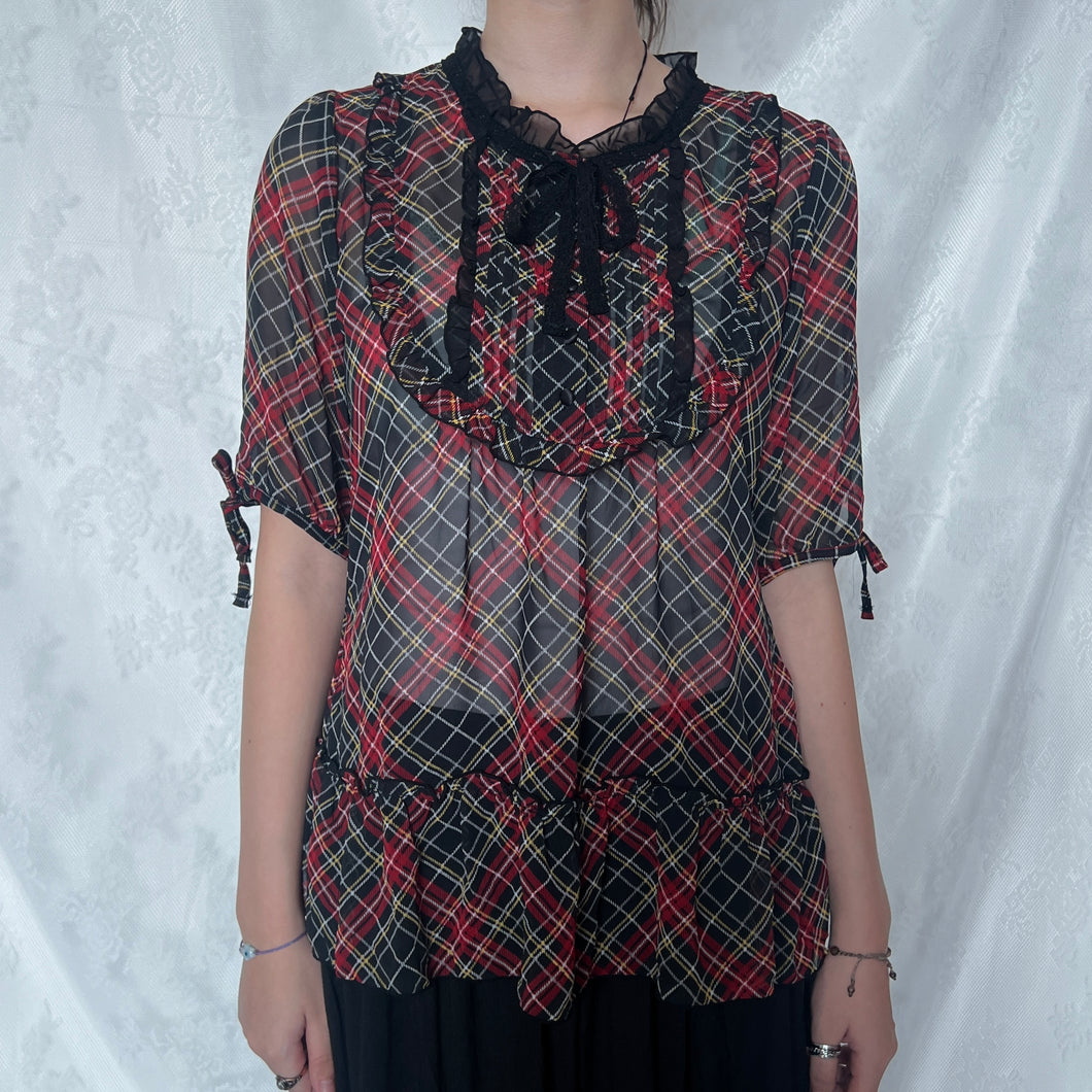 Black Red Plaid Mesh Alice Ruffles Top