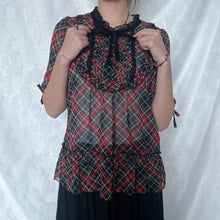 Load image into Gallery viewer, Black Red Plaid Mesh Alice Ruffles Top
