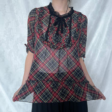 Load image into Gallery viewer, Black Red Plaid Mesh Alice Ruffles Top
