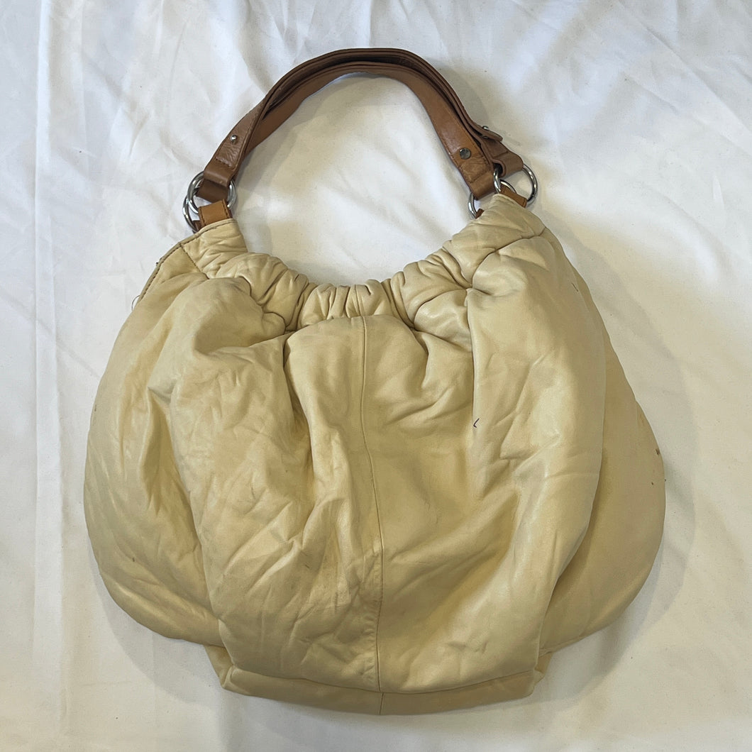 Beige Puffer Leather Straps Handbag