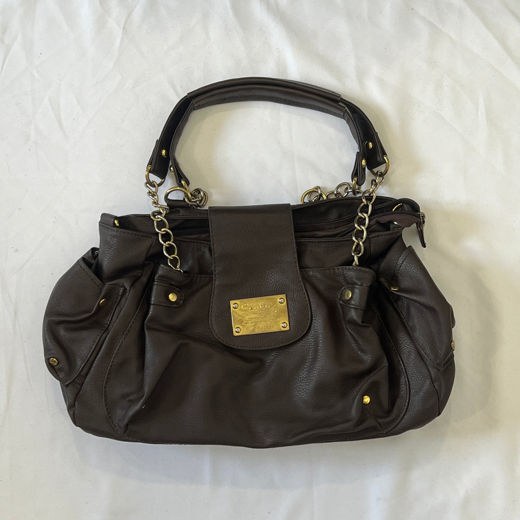 Brown Faux Leather Silver Gold Chain Handbag