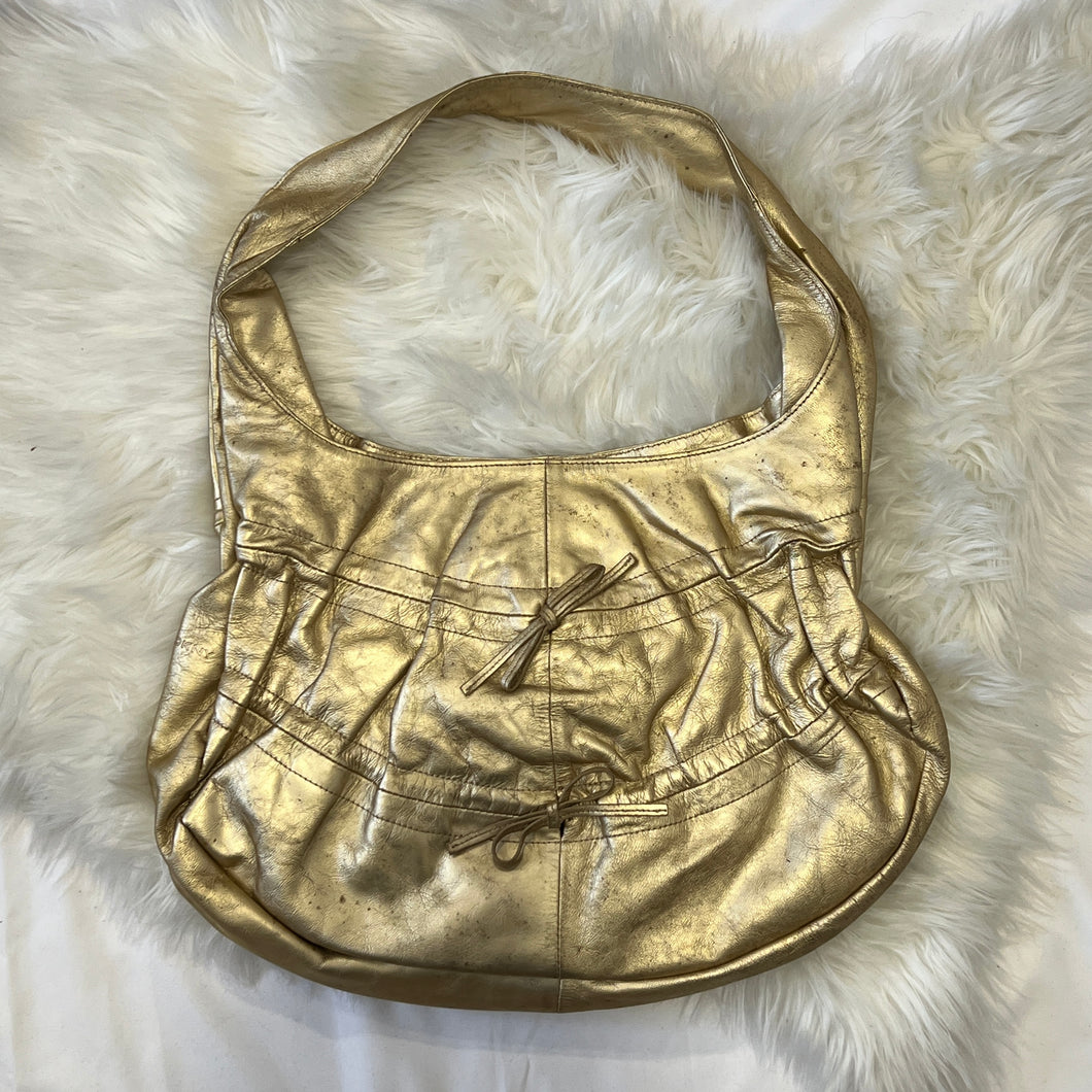 Gold Shimmer Faux Leather Bow Shoulder Bag