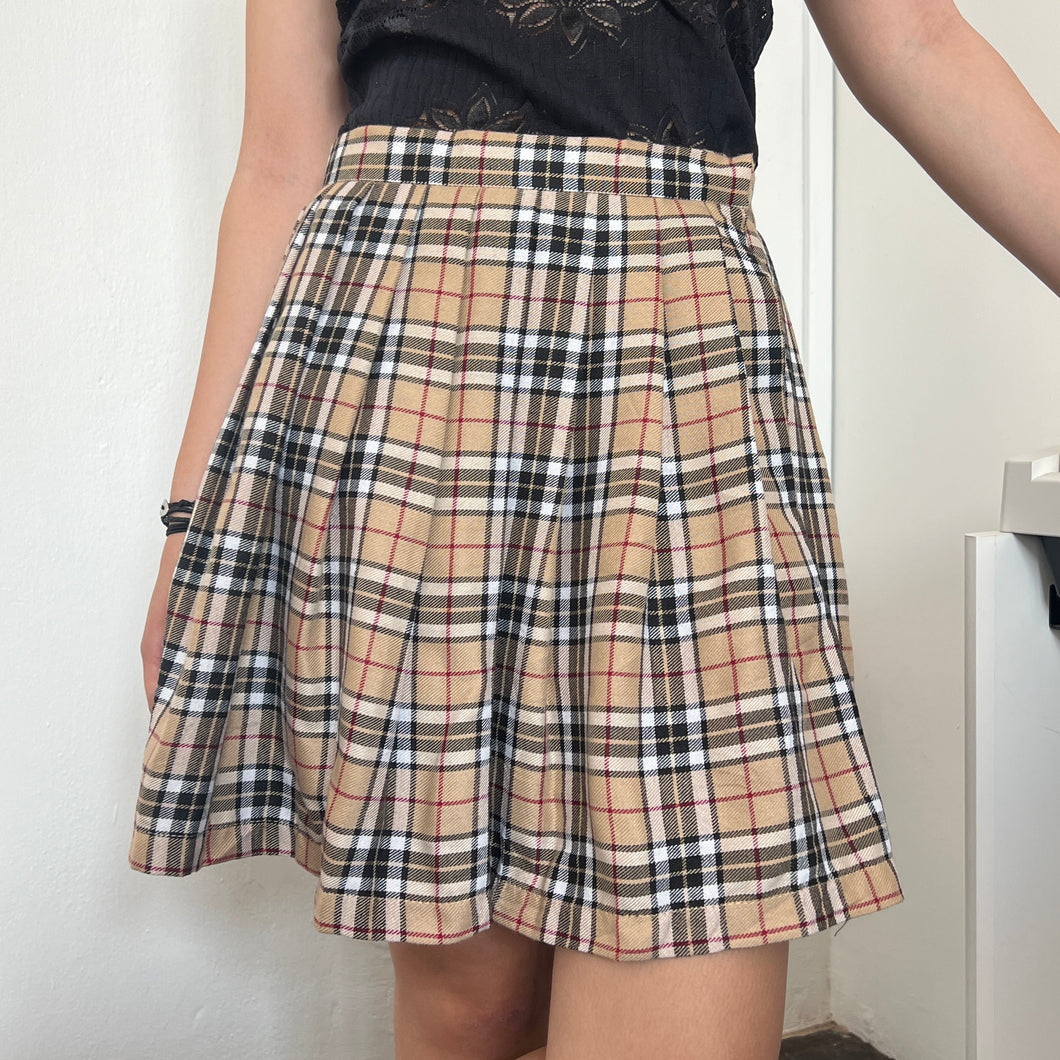 Beige Plaid Pleated Mini Skirt