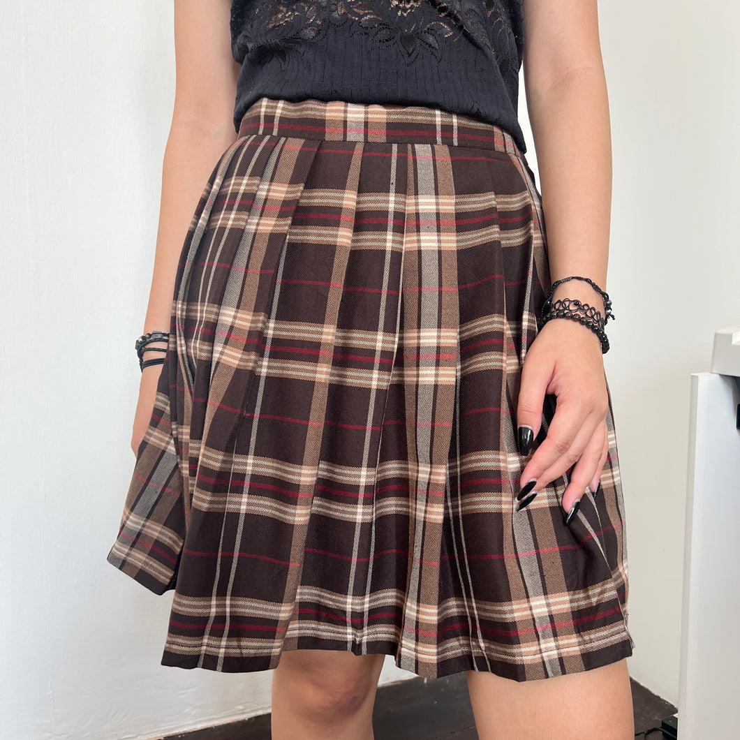 Brown Plaid Pleated Mini Skirt