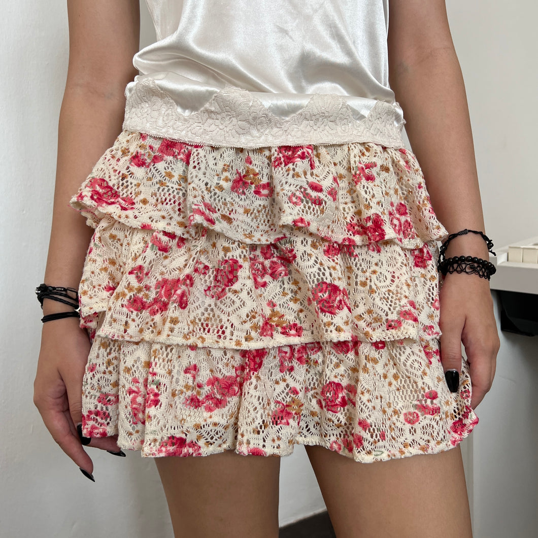 Cream Knit Pink Flowers Tier Mini Skirt