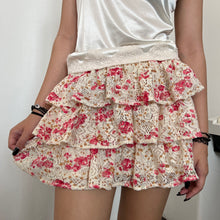 Load image into Gallery viewer, Cream Knit Pink Flowers Tier Mini Skirt
