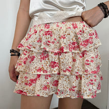 Load image into Gallery viewer, Cream Knit Pink Flowers Tier Mini Skirt
