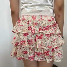 Load image into Gallery viewer, Cream Knit Pink Flowers Tier Mini Skirt
