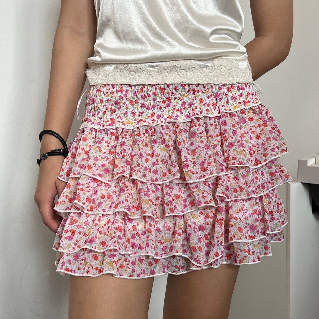 Pink Flowers White Base Tier Mini Skirt