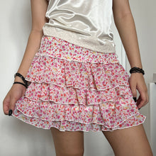 Load image into Gallery viewer, Pink Flowers White Base Tier Mini Skirt
