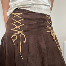 Load image into Gallery viewer, Brown Suede Beige Lace Up Pleat Mini Skirt
