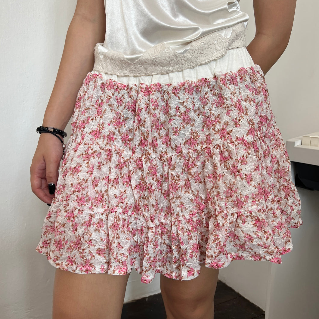 White Pink Flowers Tier Mini Skirt