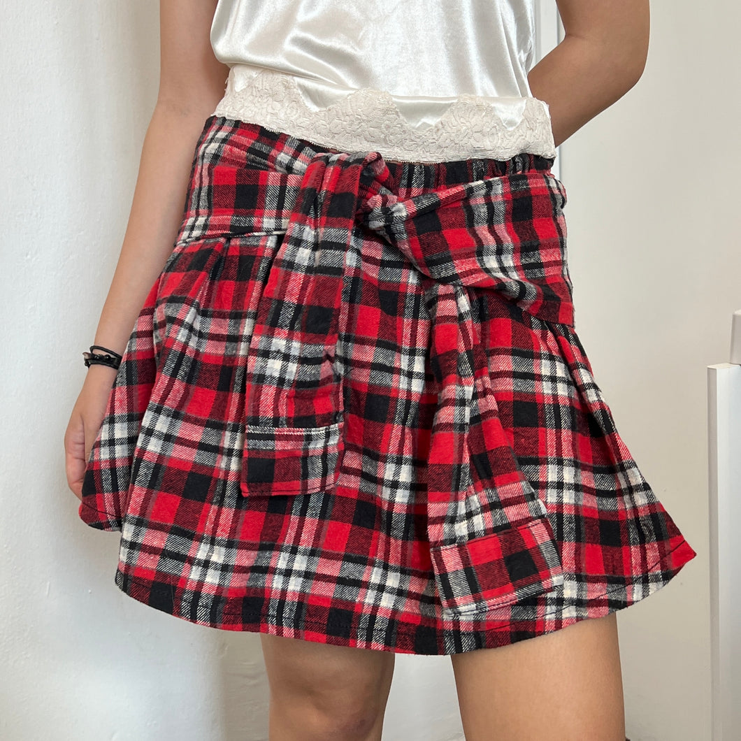 Red Black Plaid Tie Front Mini Skirt