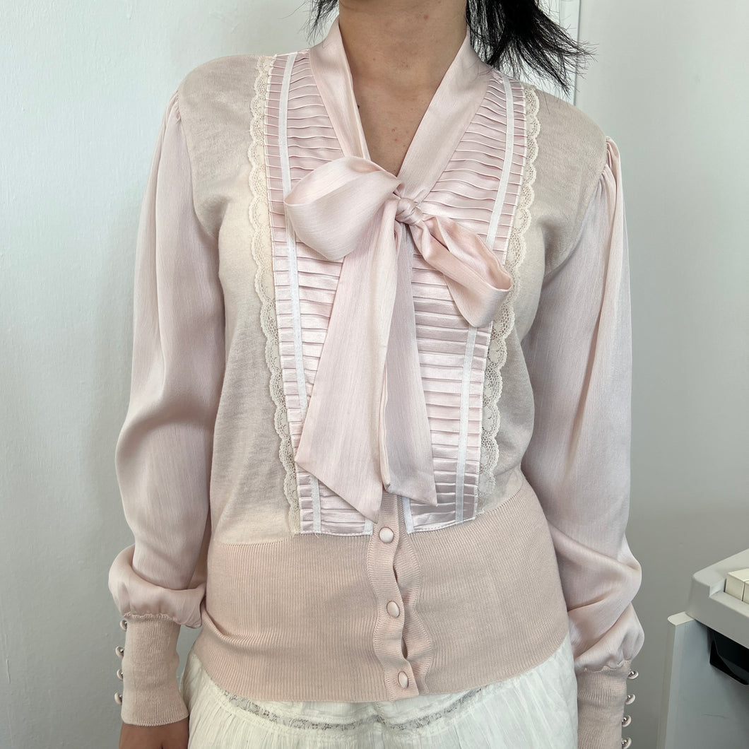 Baby Pink Silky Cotton RIbbon Bow Tie Long Sleeves Top