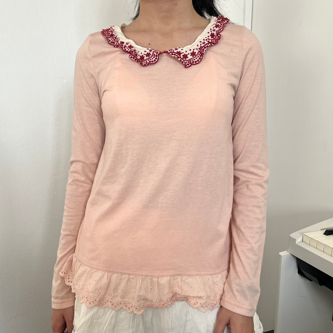 Pink Cotton White Red Eyelet Long Sleeves Top