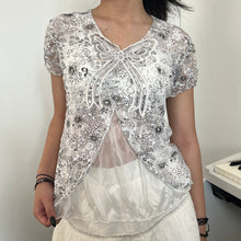 Load image into Gallery viewer, White Black Mesh Ribbon Sequin Short Sleeves Top
