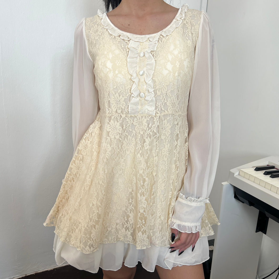 Cream Lace White Mesh Sleeves Long Sleeves Top Dress