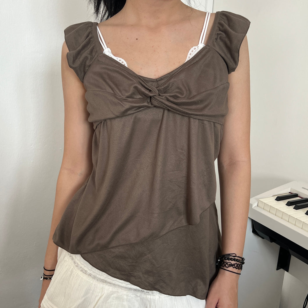 Brown Cotton Velvet Ruched Twist Asymmetrical Top