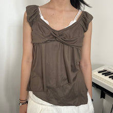 Load image into Gallery viewer, Brown Cotton Velvet Ruched Twist Asymmetrical Top
