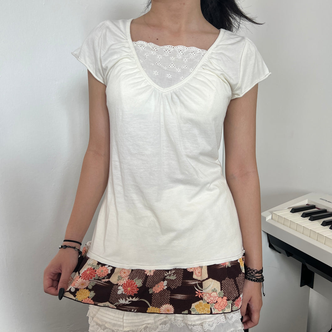 White Cotton Lace Tube Brown Floral Bottom Short Sleeves Top