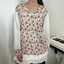 Load image into Gallery viewer, White Lace iInk Flowers Chest Slit Long Sleeves Top
