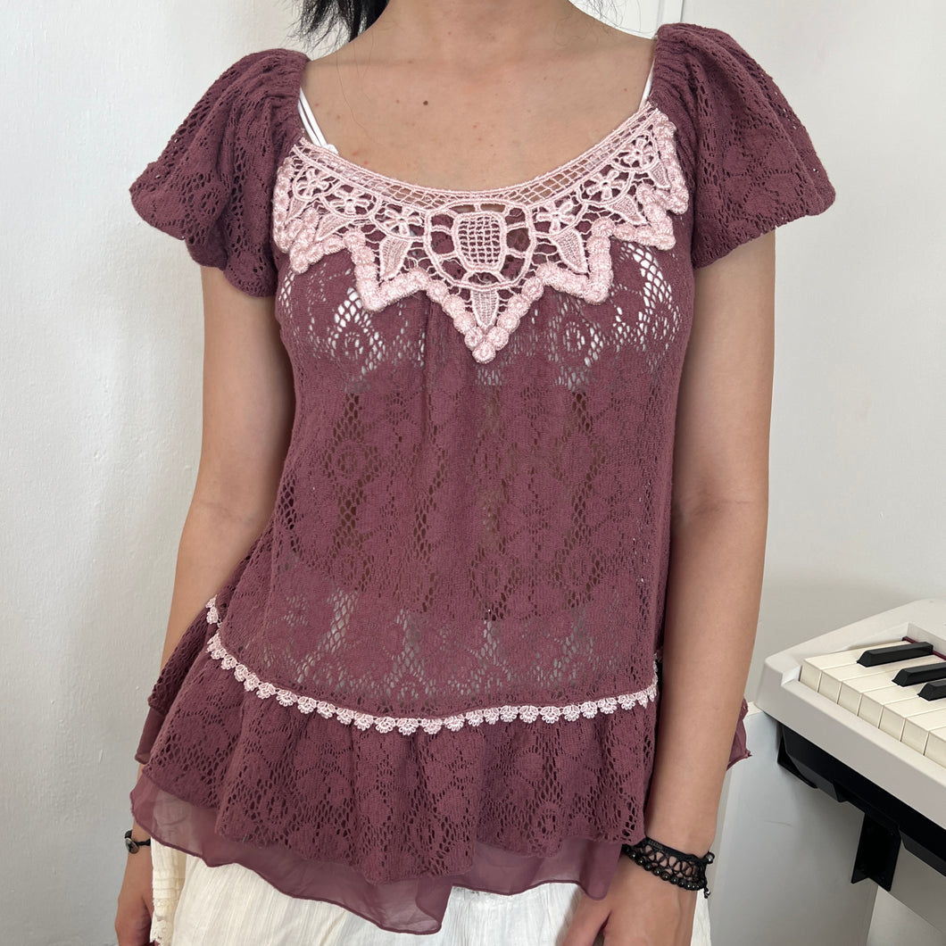 Axes Femme Red Violet Soft Lace Short Sleeves Top