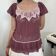 Load image into Gallery viewer, Axes Femme Red Violet Soft Lace Short Sleeves Top
