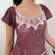 Load image into Gallery viewer, Axes Femme Red Violet Soft Lace Short Sleeves Top
