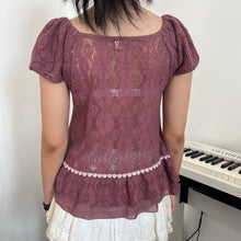 Load image into Gallery viewer, Axes Femme Red Violet Soft Lace Short Sleeves Top
