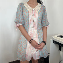 Load image into Gallery viewer, Blue Floral Lace Collar White Polka Buttons Short Sleeves Dress
