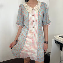 Load image into Gallery viewer, Blue Floral Lace Collar White Polka Buttons Short Sleeves Dress
