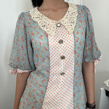 Load image into Gallery viewer, Blue Floral Lace Collar White Polka Buttons Short Sleeves Dress
