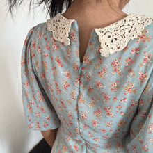 Load image into Gallery viewer, Blue Floral Lace Collar White Polka Buttons Short Sleeves Dress
